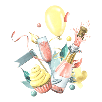 A bottle with a flying cork, a glass of champagne, a cupcake, ribbons, flags and flowers, a balloon and confetti. Watercolor illustration, hand drawn. Isolated composition png