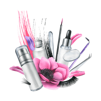 Tools and cosmetics for eyelash extension and lamination with brushes, tweezers, anemone flower and paint strokes. Watercolor illustration, hand drawn. Isolated composition png