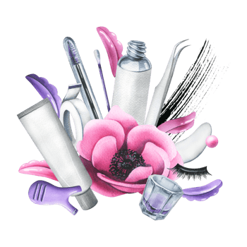 Tools and cosmetics for eyelash lamination with brushes, silicone rollers, anemone flower and strokes of paint. Watercolor illustration, hand drawn. Isolated composition png