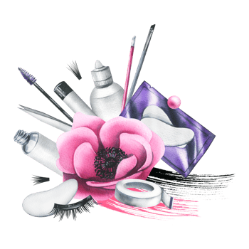 Pink cosmetic beauty tools for eyelash extensions, with brushes, eyelash bundles, tweezers, patches. Watercolor illustration, hand drawn. Isolated composition png