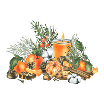 Tangerines with cotton, pine branches and cones, sweets, candle and spices. Watercolor illustration hand drawn for Christmas decor. Isolated composition png