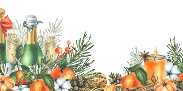 Christmas decor with tangerines, champagne, sweets and pine branches. Watercolor illustration, hand drawn. For congratulations and holiday. Horizontal border png