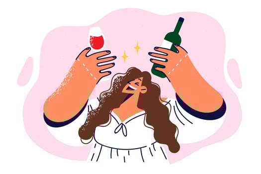 Drunk girl holding bottle of red wine and glass offering to drink during birthday party. Cheerful woman is resting and drinking wine, inviting to celebrate festive event and enjoy taste of bordeaux vector