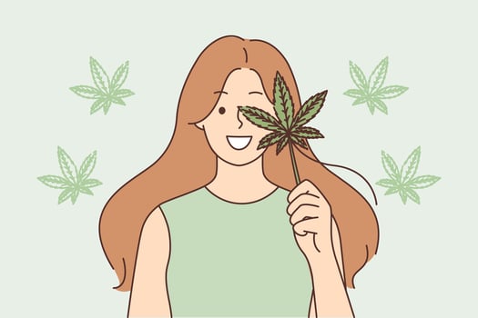 Woman holds cannabis leaf recommending legalization of marijuana use for medical purposes. Young girl with cannabis near face for advertising use of cigarettes with weed or hashish tobacco vector