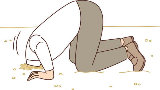 Man hides head in sand like ostrich from proverb, for concept of denial of problems and cowardice png