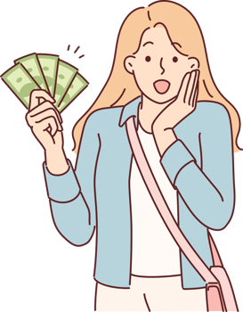 Woman with cash screams wow rejoicing at big purchase bonus or cashback after shopping png