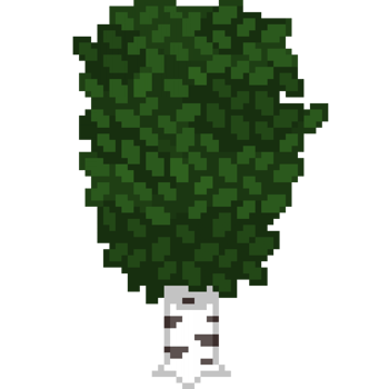 An 8-bit retro-styled pixel-art illustration of a birch tree with vibrant dark green forest leaves. png