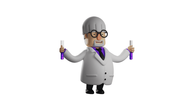 3D illustration. Attractive Professor 3D cartoon character. Clever professor holding two chemical solutions. The professor is testing the solution with his students. 3D cartoon character png
