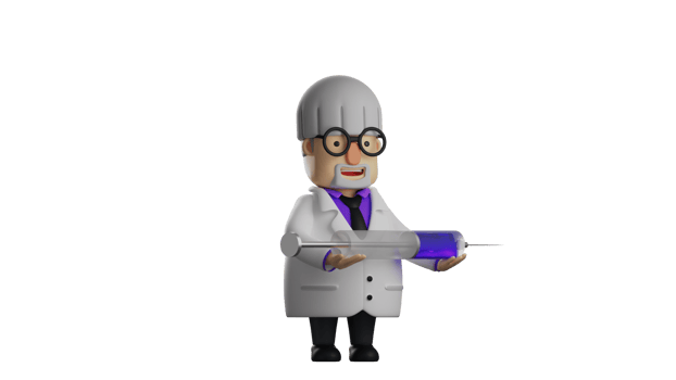 3D illustration. Exemplary Doctor 3D cartoon character. The doctor brought a giant syringe in which there was a purple liquid. The doctor smiled sweetly. 3D cartoon character png