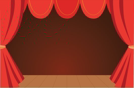 A theater stage with a red curtain for solo performance, a theater background concept illustration, night show opera theater vector