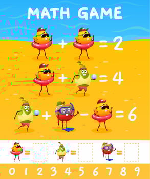 Cartoon fruits on summer vacations, math game quiz vector