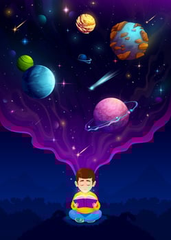 Cartoon child boy reading a book about space vector