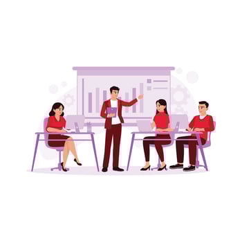 businessman having a meeting with his colleagues in the office. businessman is presenting his work to the work team. flat vector modern illustration