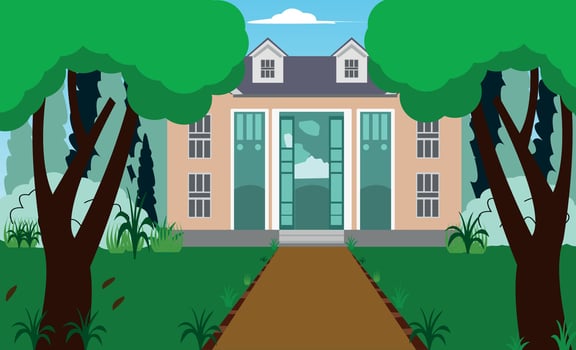 Cute house with door and windows. Village cottages among trees. Living house or cottage, vector illustration.  Modern town residence or dwelling, real estate.