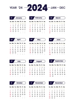 Calendar 2024 template simple minimal calendar, Vector planner 2024 year, Wall calendar 2024 year, Week Starts sunday, Set of 12 calendar, advertisement, printing, stationery, organization office.