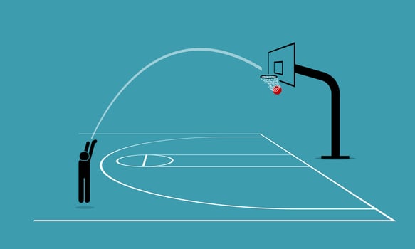 Man shooting a basketball from three point line into a hoop and score 3. Vector illustration depicts concept of accurate, precise, skillful, objective, focus, concentrate and practice makes perfect.