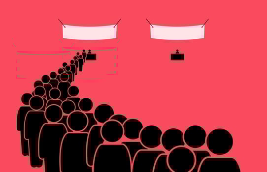 Contrasting seller scenes. One shop with overflowing demand and long queue, while another is idle and has no business. Vector illustration depict concept of demand, popular, buzz, success and failure.