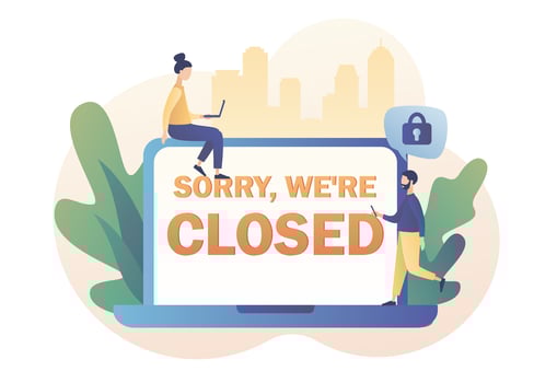 Sorry we are closed - big sign on laptop screen. Closed establishments, cafe, shop, store, salon through bankrupt, crisis, quarantine, pandemic. Modern flat cartoon style. Vector illustration