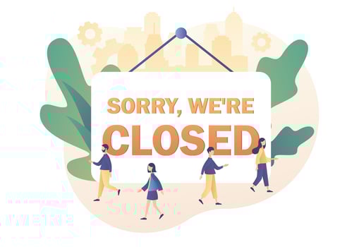 Sorry we are closed - big sign. Closed business, establishments, cafe, shop, store, salon through bankrupt crisis, quarantine, pandemic, COVID-19. Modern flat cartoon style. Vector illustration