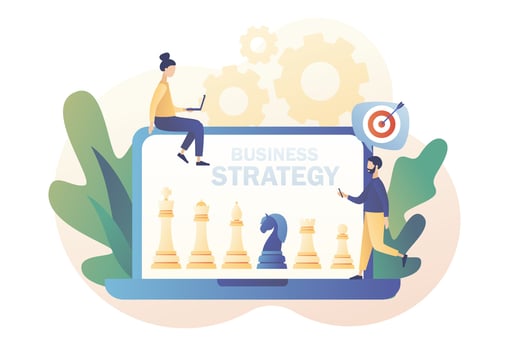 Business strategy. Chess game. Chess pieces on laptop screen. Tiny people work to data analysis, strategy planning and successful business. Modern flat cartoon style. Vector illustration