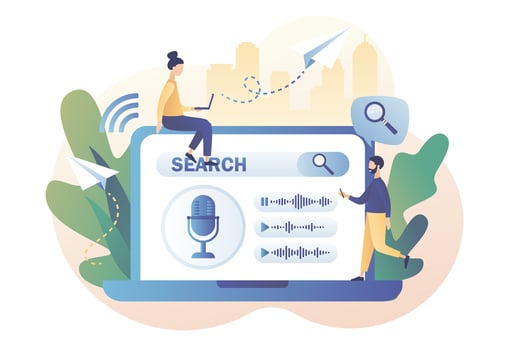 Voice assistant concept. Tiny people use voice controlled, search, activated digital assistants, voice identification on laptop. Modern flat cartoon style. Vector illustration on white background