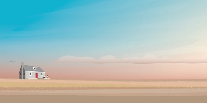Country house with man and woman in barley field have dramatic sky background. Countryside life concept vector illustration.