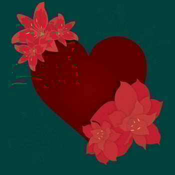 Big red heart surrounded with flowers on dark turquoise background vector illustration