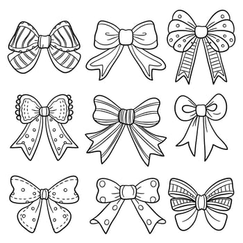 Vector set of bows. Coloring book for children and adults. Ribbon doodle in black thick line collection.