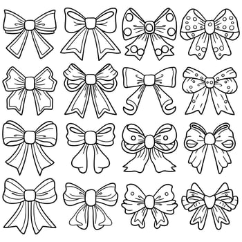 Vector set of bows. Coloring book for children and adults. Ribbon doodle in black thick line collection.