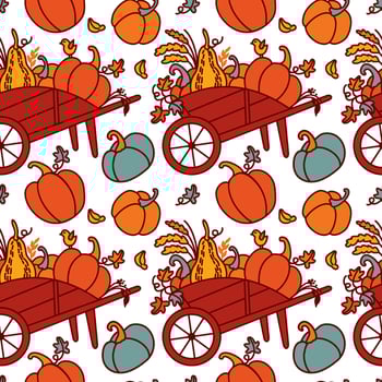 Pumpkin cart. Autumn illustration for fabric, wrapping, textile, wallpaper, apparel. Autumn season. Seamless pattern. Vector. vector