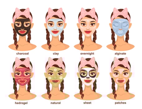 Set of young beautiful woman in different types of face masks. vector
