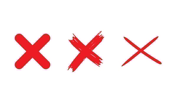 Wrong or cross symbol. Cross sign element.  Red grunge X icon, isolated on white background.  Button for vote, decision, web. Symbol of error, check, wrong and stop. vector