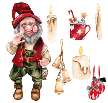 A set of Christmas gnome ,candles and new year toys. Hand drawn watercolor illustration for winter holiday. png
