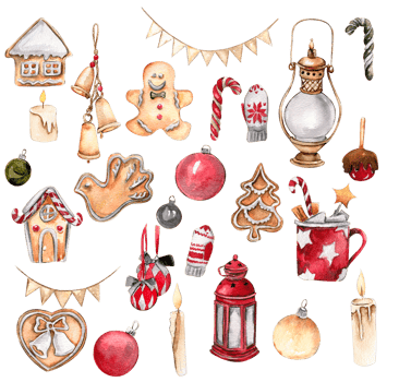 A set of Christmas cookie, lamp,new year toys. Hand drawn watercolor illustration for winter holiday. png