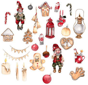A set of Christmas cookie, gnome , lamp,new year toys. Hand drawn watercolor illustration for winter holiday. png