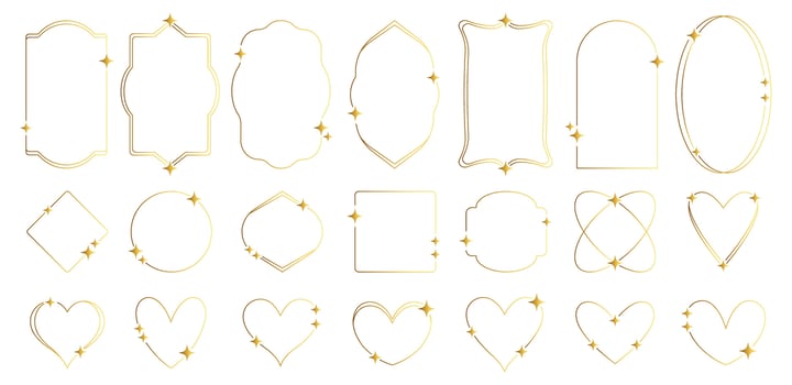 Big set of trendy gold minimalist aesthetic linear frames with stars. Arch frames with geometric forms for social media or poster design. vector