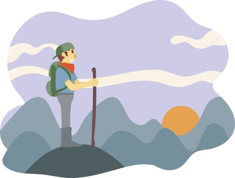 a man standing at the top of a mountain flat character illustration copyspace vector