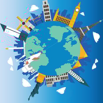 Travel composition with famous world landmarks. Travel and Tourism concept. Vector illustration