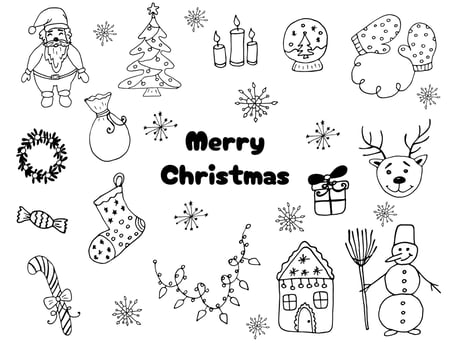 Christmas and New Year doodle set of black hand-drawn liner elements. Party, holiday, congratulations. Can be used for printing and web icons vector