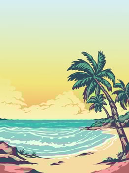 Retro vintage beach with coconut tree at sunset background illustration vector