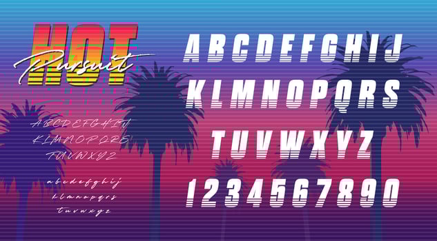80s inspired alphabet. Collection of letters and numbers influenced by retro. 90s style lettering from LA and Miami. Synthwave typography for flyers and posters. Vintage logo elements. vector