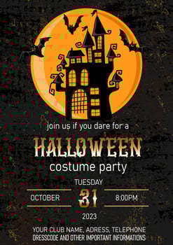 Halloween costume party invitation with scary castle and flying bats on moon background. Holiday design template vector