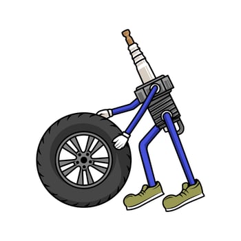 Cartoon character of spark plug working as mechanic. Tire service concept illustration. vector