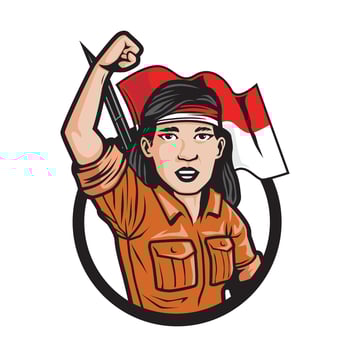 an Indonesian female warrior clenching her fists up shouting independence. with the Indonesian flag behind it. indonesia independence day. vector