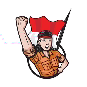 an Indonesian female warrior clenching her fists up shouting independence. with the Indonesian flag behind it. indonesia independence day. vector