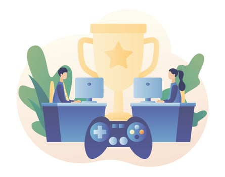 Cybersport concept. Professional gamers at video game online tournament competing for trophy. E-sport. Modern flat cartoon style. Vector illustration on white background