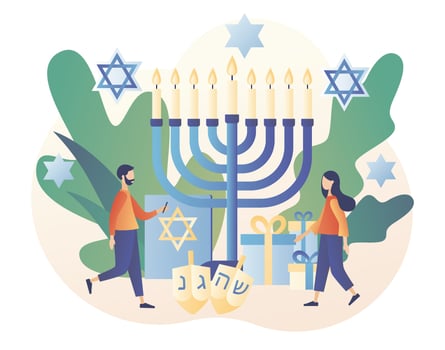 Hanukkah concept. Traditional jewish holiday with tiny people and symbols - dreidels spinning top, menorah candles, star David. Modern flat cartoon style. Vector illustration on white background
