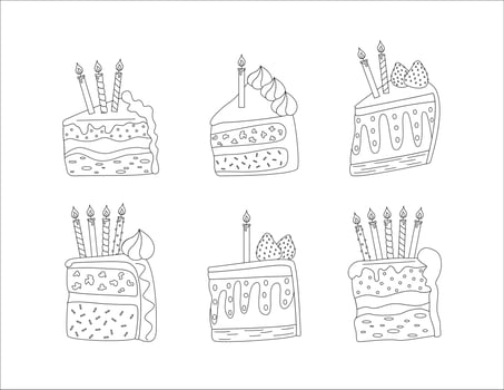 Cakes slices pieces with candles. Hand drawn sketch. Outlined on white background. Set of cakes. Vector
