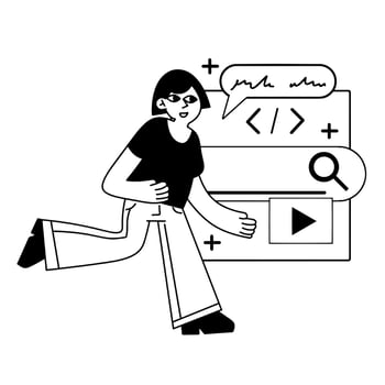 Female character web designer. Website development. Digital profession. Creating mobile app and woman programmer. Outline cartoon illustration. Coding and programming vector
