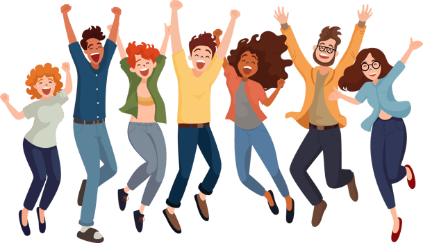 Group of Joyful Diversity Young People in Cheerful Action, Flat Style Cartoon Illustration. Friendship Concept. png